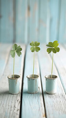 Green four leaf clover on table, rare fourleaf nature spring leaves floral natural grass plant background, good luck shamrock and lucky charm fortune concept, Saint Patricks Day symbol .