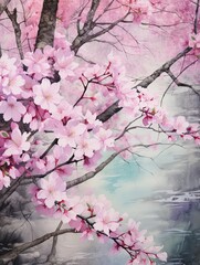 Japanese Cherry Blossom Watercolors - Canvas Print Landscape with Pastel Petals Art