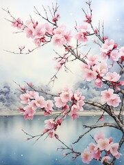 Japanese Cherry Blossom Watercolor Canvas Print Landscape: Pastel Petals Art