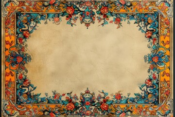 blank Red flowers and green leaves with blue accents dominate the decorative pattern