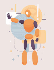 Embodied AI blocking, fixing hardware and software service computer helper, male abstract figure, virtual assistant, artificial intelligence body, minimalistic vector illustration circuit board design