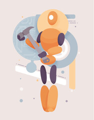 Embodied AI hammer tool, fixing hardware, software service computer helper, male abstract figure, virtual assistant, artificial intelligence body, minimalistic vector illustration circuit board design
