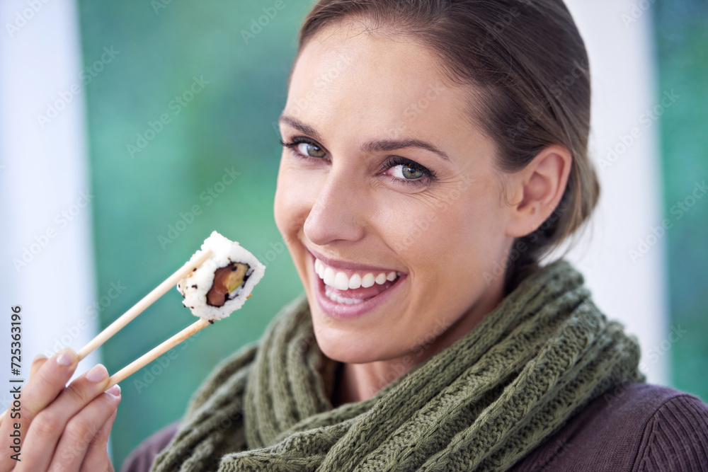 Poster Woman, eating sushi and healthy food in portrait, lunch or dinner, Japanese cuisine and seafood with chopsticks. Catering, hungry and diet, relax with meal at home and happy with dish for nutrition