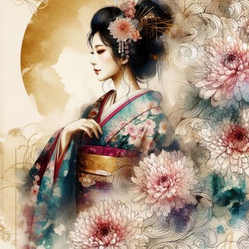 Ethereal Beauty Amidst Blooming flowers with Japanese kimono girl with Generative AI.