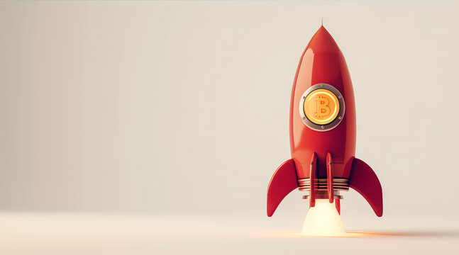 Rocket with bitcoin on copy space empty background. Ai generative illustration