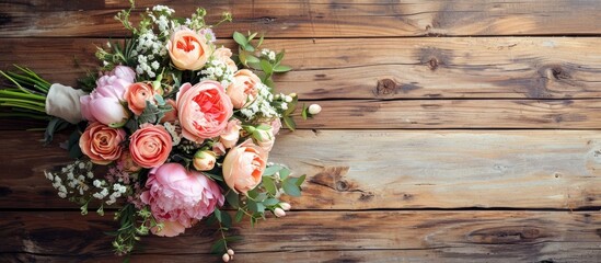 Bouquet fragment with lovely flowers on wooden background; ideal for text.