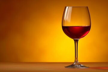 A single glass of red wine against yellow background with space for text
