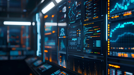 A high-tech workstation, multiple holographic screens displaying code and veru high technology workplace. 