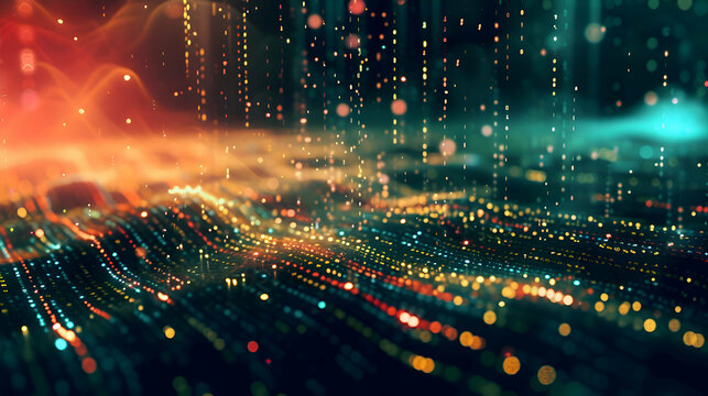 Data flowing like a river through a landscape of geometric shapes, binary code raining from the sky. 