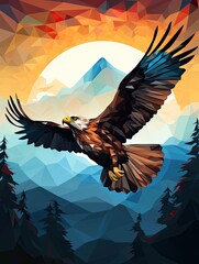 Modern Geometric Animal Designs: Landscape Poster Featuring Hawk, Sky Prism Patterns