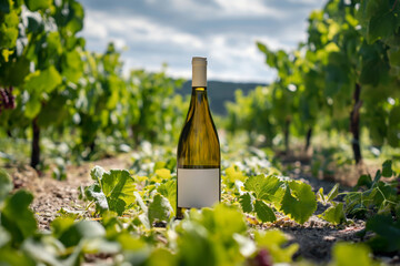 A bottle of white wine standing on the ground against the background of a vineyard in sunlight