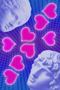 Valentine's day 14 february poster, banner, postcard, congratulations, zine with antique bust face, heart in cute design. Romantic relationship, love at first sight concept. Creative artwork collage.