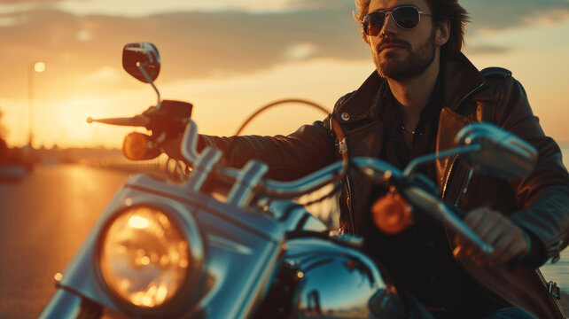 Stylish man on a motorcycle on a country road.