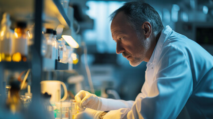 In a white coat, the scientist meticulously analyzes chemical reactions under a microscope in the...