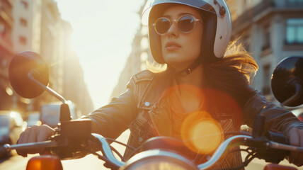 Portrait of a young woman riding a motorcycle through the city.