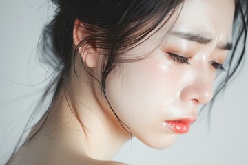 Naklejka premium 悲しい表情で涙を流している日本人女性（悲しい・泣く・号泣）