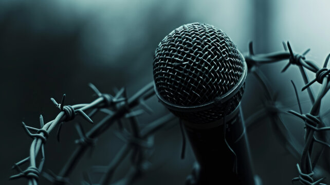 Close-up of a microphone surrounded by barbed wire.