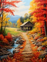 Gordijnen Quaint Autumn Bridge Scenes: Captivating Fall Colors in Landscape Painting © Michael