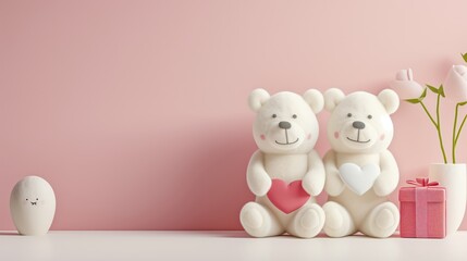 Valentine's Day background with two cute bears 3D, heart, flower, and gift 3d, pink background. Valentine’s Day concept. Flat lay, copy space