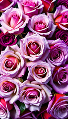 A lot of beautiful purple rose flowers all over the place, for a beautiful bright wall background