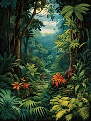 Rainforest Animal Illustrations: Canvas Print Landscape with Dense Foliage