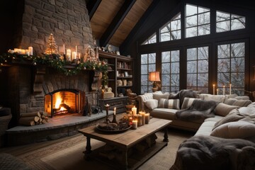 A warm and inviting living room with a crackling fireplace and beautifully decorated for the holiday season