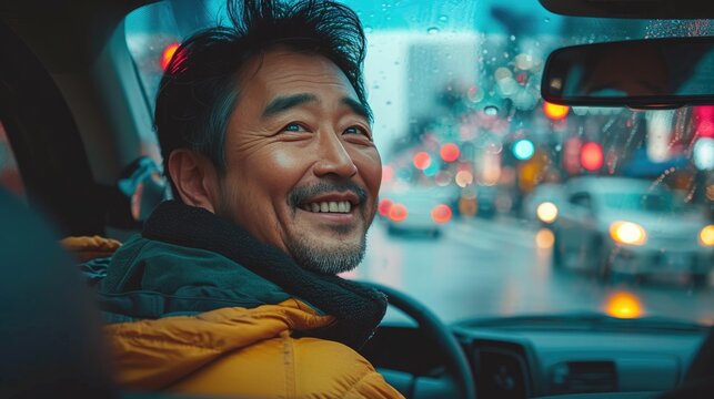 an Chinese driver smiling and looking back in the Chinese big city