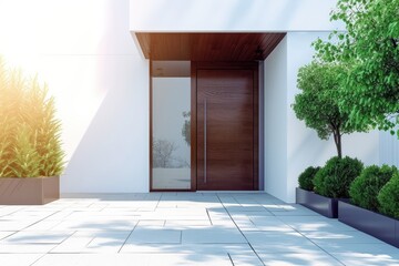 New House with Wooden Door and Empty White Wall. Large Patio in Modern Home