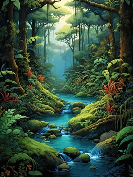 Rainforest Animal Illustrations: Jungle Streams and Brook Art