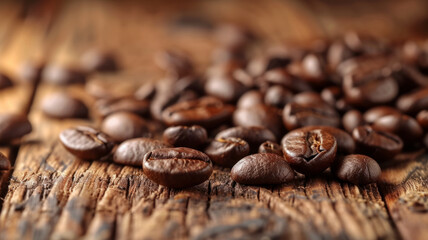Fragrant coffee beans on a wooden surface.