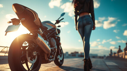 Biker woman next to her motorcycle.