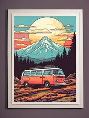 Retro Campervan Adventures: Framed Landscape Print, Van Life Aesthetics