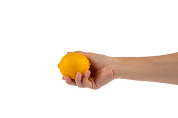 Lemon fruit in hand isolated on transparent background.