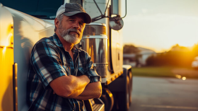 The male driver next to his truck exudes years of experience.