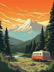 Retro Campervan Adventures: Plateau Art Print - Elevate Your Camping Experience with Elevated Camping Sites