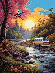 Retro Campervan Adventures: Riverside Painting and Riverbank Rest Stops - obrazy, fototapety, plakaty