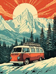 Retro Campervan Adventures: Snow-capped Mountain Print � Winter Van Journeys