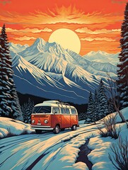 Retro Campervan Snow-capped Mountain Print � Winter Van Journey Adventure