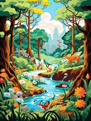 Retro Pop Culture Icons: Famous Cartoons in Nature - Woodland Art Print