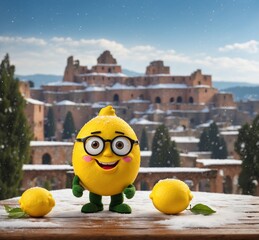 Funny lemons in the snow against the background of the ancient fortress