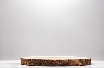 empty wooden table stand podium on the table on a white wall