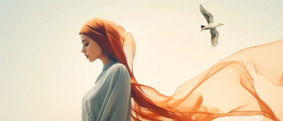 Double exposure of fashion Arabian woman and flying bird. Beautiful female portrait - obrazy, fototapety, plakaty