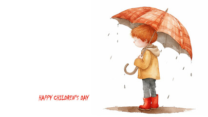 Ginger hair little boy in red boots and with umbrella. Watercolor illustration. Children's day