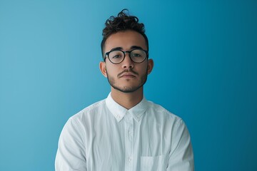 a composed young man in glasses and white shirt posing against a blue background. generative AI