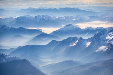 Fototapeta na wymiar un paysage de silhouettes de montagnes au sommets enneigés - generative AI