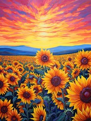Fototapeta premium Bold Sunflower Colors: Acrylic Landscape Art featuring Stunning Sunflower Field Paintings