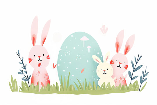 Cute bunny family on white background. Happy Easter greeting