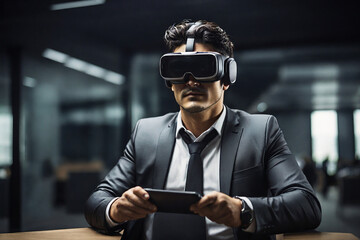 Businessman using virtual reality headset in office. Businessman using VR headset.