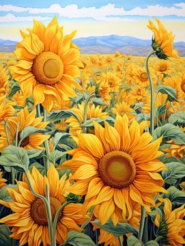 Sunflower Field Gold: Landscape Paintings, Stunning Poster Depicting a Lush Field of Sunflowers