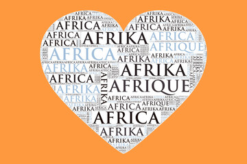 Die Wörter 'Afrika, Africa, Afrique, ' als Word Art, Word Cloud, Tag Cloud in unterschiedlichen Sprachen mit Textfreiraum. - 725368335